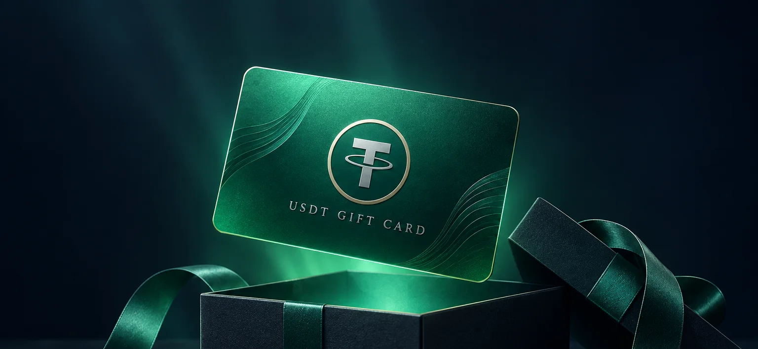 Concept illustration of an emerald USDT gift card floating above an open gift box